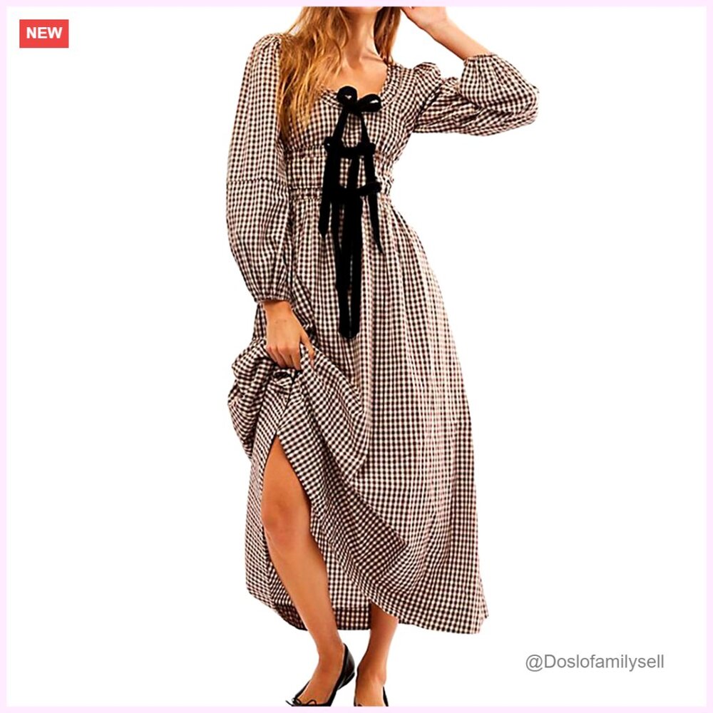 Plaid Maxi Dress With Lantern Sleeves And Bow Tie, Cottagecore Style